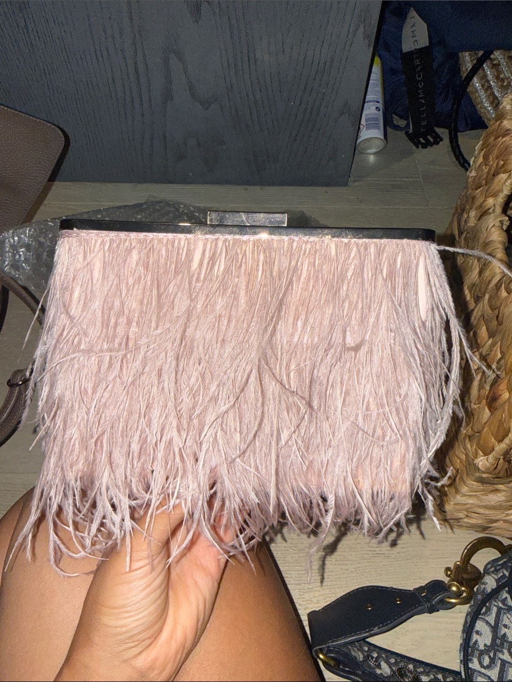 Olga Berg Feather Fringe Clutch in Blush